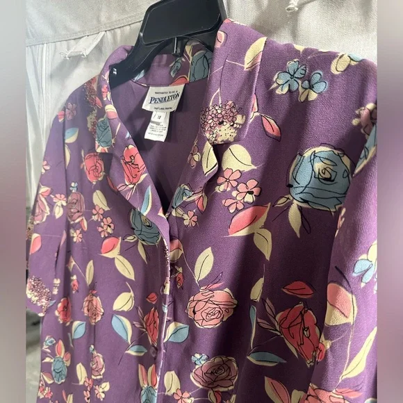 Pendleton Floral Short Sleeve Button Up Blouse Cropped Pruple Collar Sz 16 - Picture 3 of 6